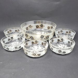 VTG Decover Italy Frosted Glass Black Flower & Gold Trim Serving Bowls, Set of 5